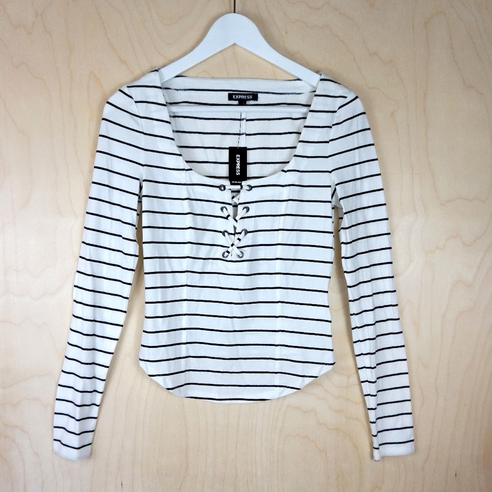 NWT Express Black & White Striped Lace-Up Long-Sleeve Shirt